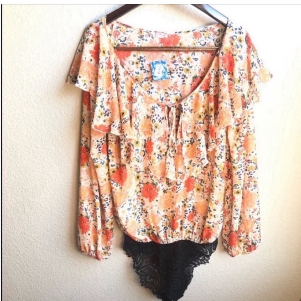 Free People orange floral ruffle bodysuit blouse